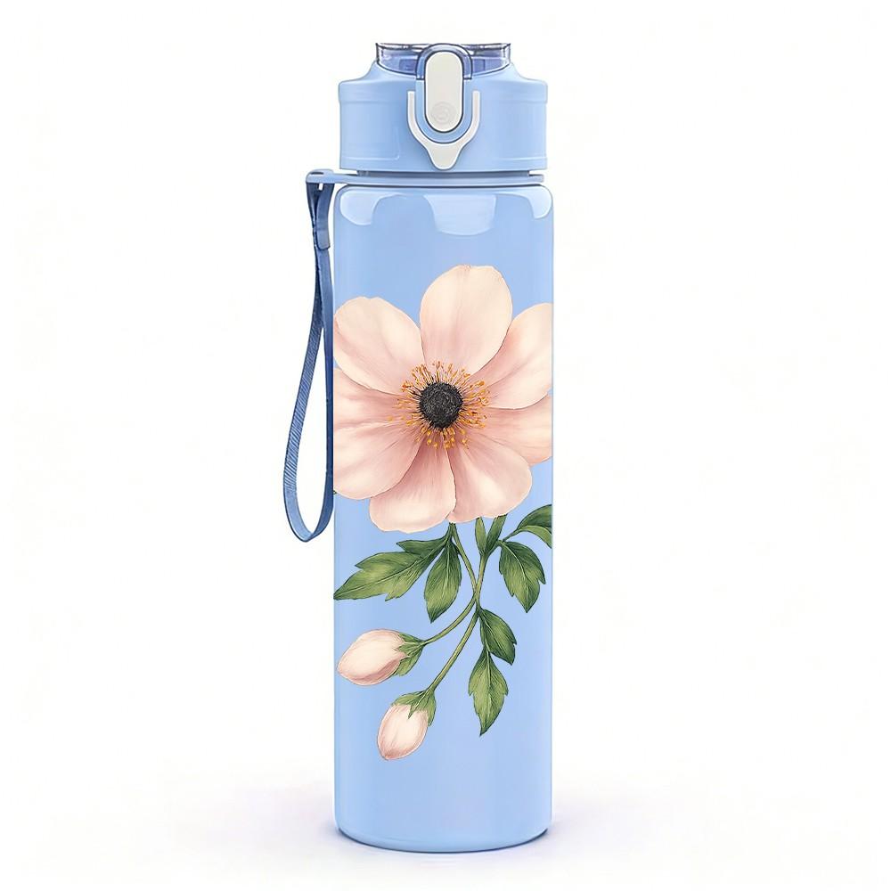 1PC Soft Pink Single Daisy Flower Print 750ml Color Plastic Sports Water Bottle Leakproof Flip Straw Lid Suitable for Sports Office Home Use