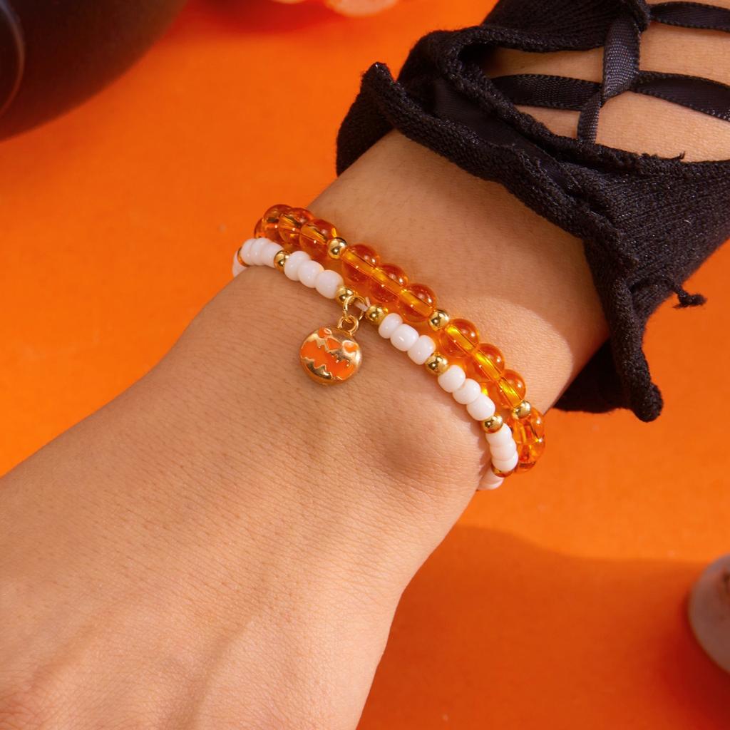 Halloween Pumpkin Spider Web Pendant Bracelets Double Layer Crystal Natural Stone Rice Beaded Boho Jewelry Gift For Women Men