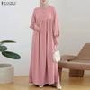 ZANZEA Women Casual Round Neck Solid Color Loose Long Sleeve Dress