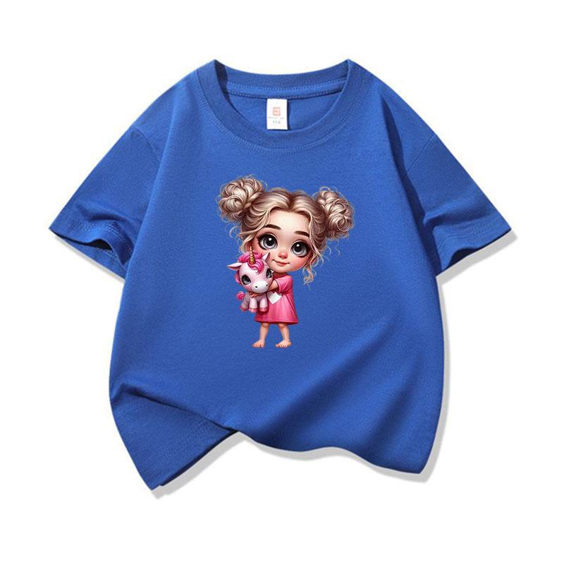 Kids Cotton T Shirt Adorable Girl With Pink Unicorn Print Crew Neck Short Sleeve Tee Casual Boys Girls Summer Tops