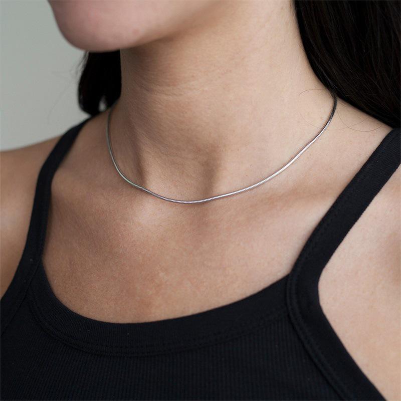 eManco Titanium Steel Round Chain Necklace - Simple European/American Style for Women and Couples, Long Snake Bone Chain, Clavicle Design.