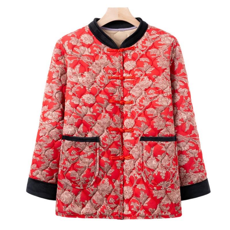 Middle-aged small cotton-padded jacket, winter floral cotton-padded coat, grandma's warm top, year-old 0 mother buckle coat