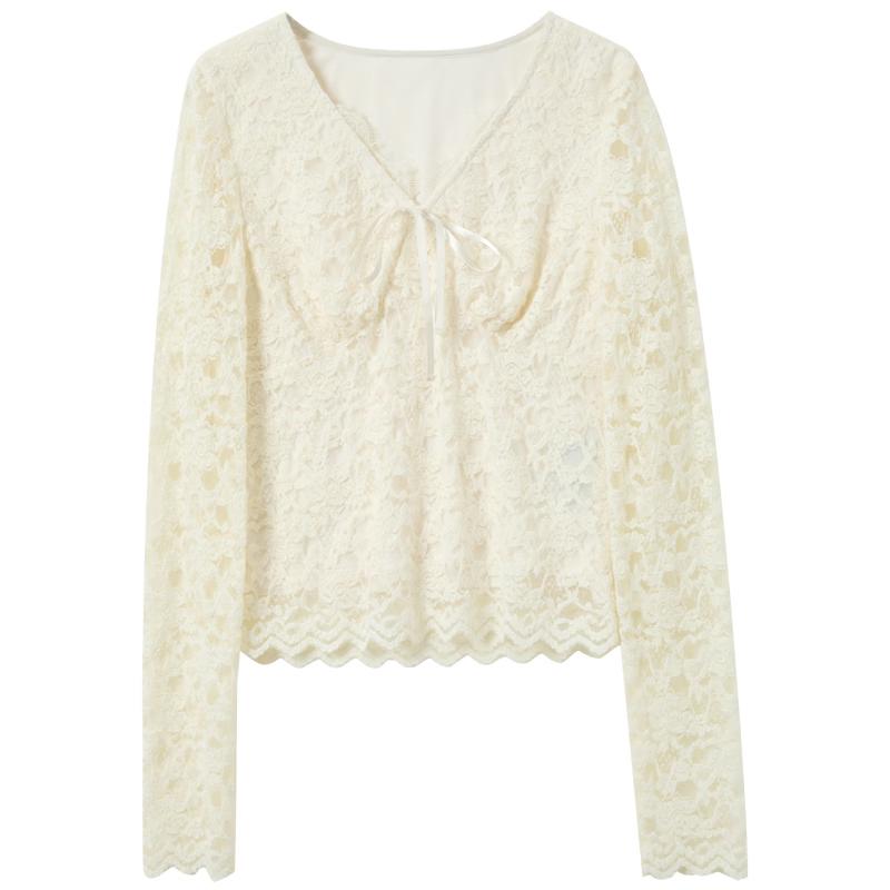 Sancai Women's V-Neck Lace Slim-Fit Blouse