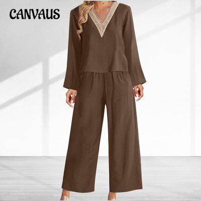 Spring and Autumn Women's Tops and Pants Set V-neck Cotton Linen Casual Long Sleeve Tops and Pants Set