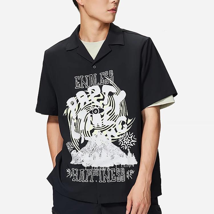 Li-Ning Summer Party Fun Print Button-Down Collar Short Sleeve Shirt Men Tops Black ASHS889-2