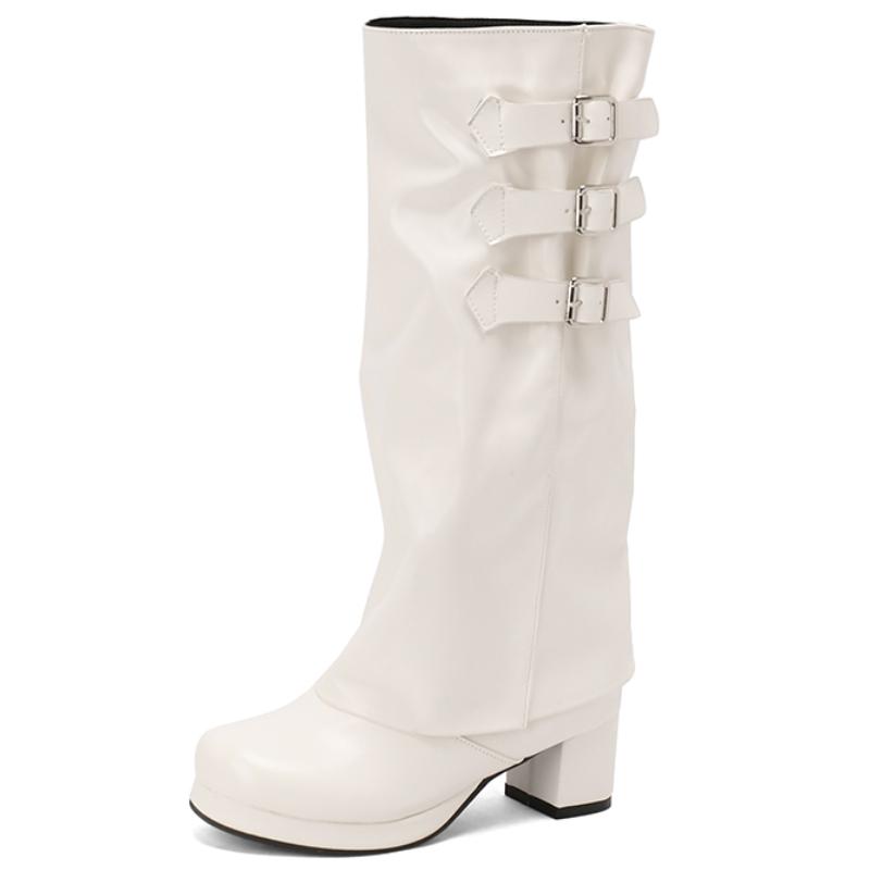 Women's Knee High Boots Sexy Turned-over Edge Winter Shoes Black White Pink Heeled Long Boot Ladies Party Shoes Large Size 45
