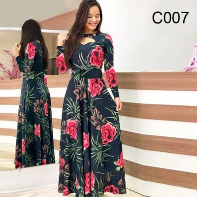 Floral Print Patchwork Long Dress Women Bohemian Hallow Long Sleeve Oversized Autumn Maxi Dresses