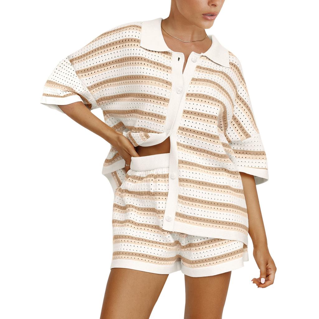 Knitted Women Two Piece Shorts Outfits Loungewear Suits Stripe Contrast Color Button Crochet Tops and Shorts Matching Sets