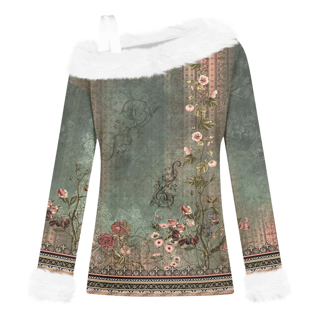 Women's Off-the-shoulder Plush Neck Printed Long-sleeved Pullover T-shirt Top