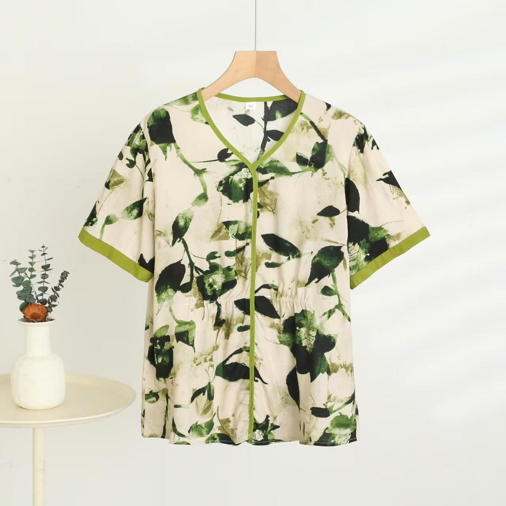 Cotton Short-sleeved T-shirt Annual Mom Clothes Ladies Tops Summer Thin Chinese Style Printing Loose Floral Shirt