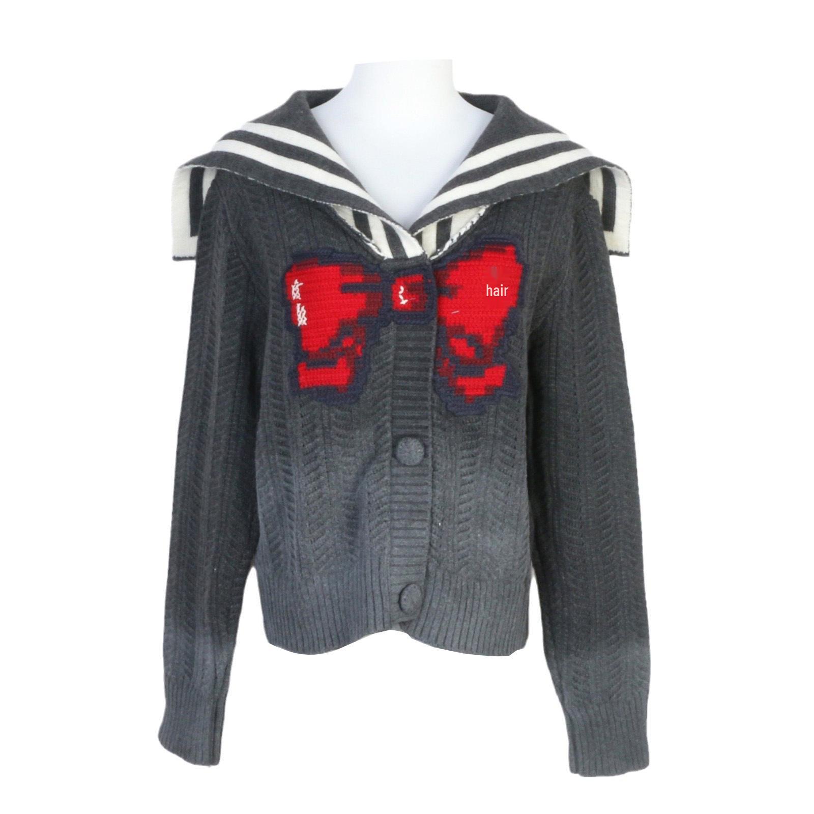 

2024 Autumn/Winter Navy Collar Bow Sweater - Korean Style Knit Cardigan for Women S