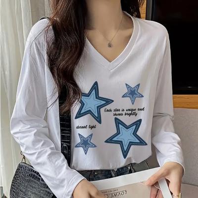 Five-pointed Star Print Women Tshirts Ladies Tops Long Sleeve V-neck Pullover Femme T-shirts T Shirt For Women