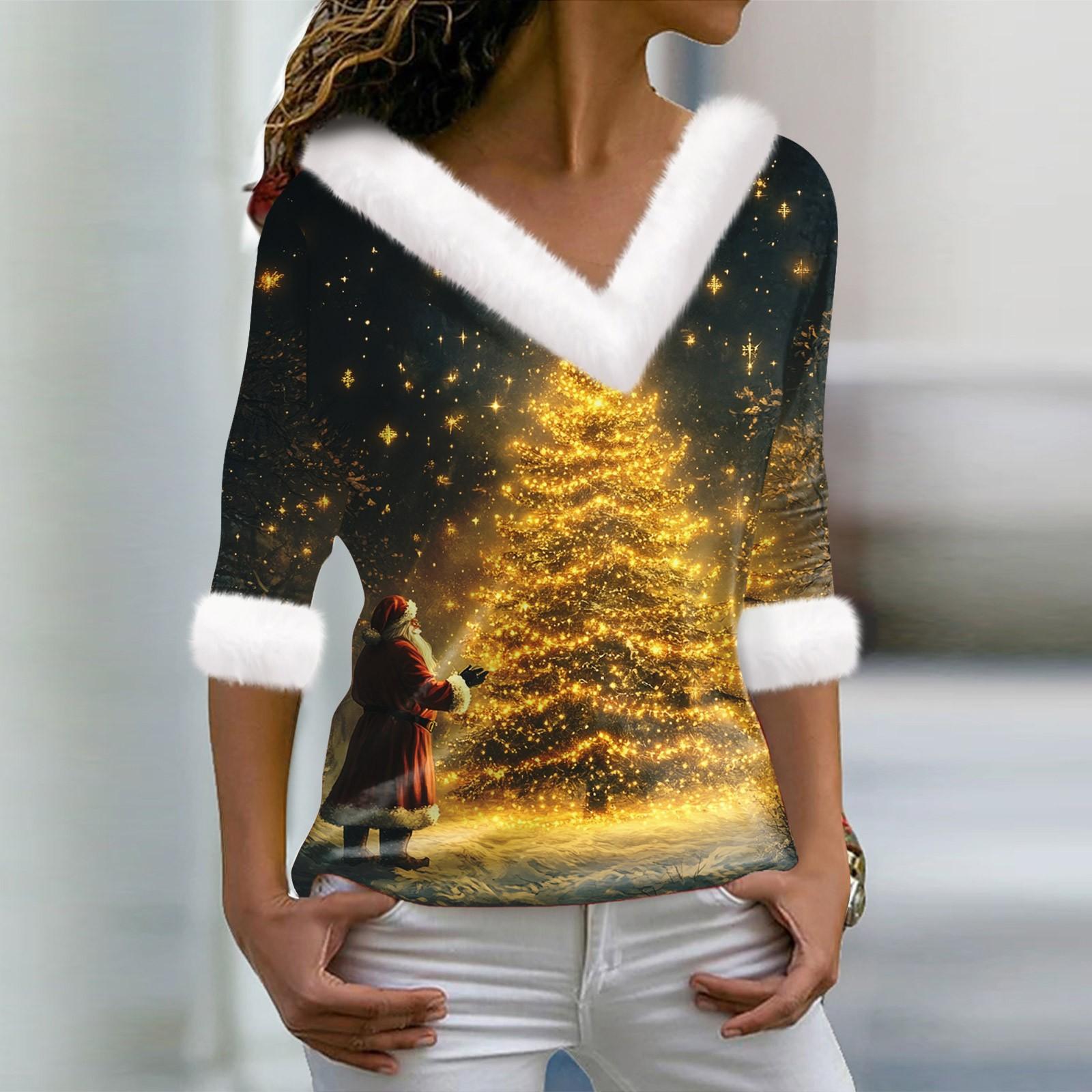 

Женская футболка с рождественским принтом, длинный рукав, флисовый воротник, V-образный вырез, футболка L винный