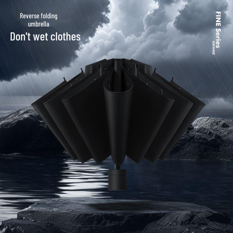 12-Rib Manual Reverse Folding Umbrella: Sturdy, Windproof, Black Glue Sunscreen, Car Use Umbrella for Men 130