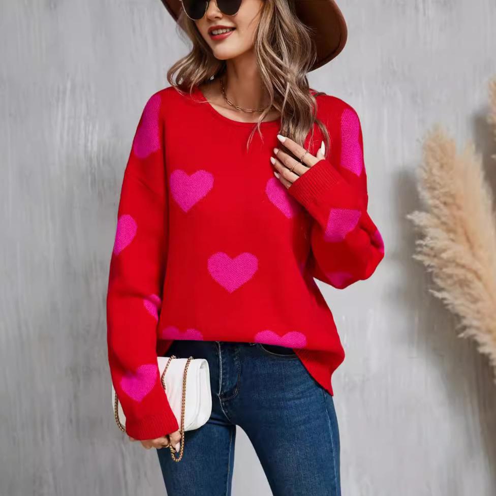 Winter Women's Sweater Love Valentine's Day Pullover Heart Color Clash Sweater
