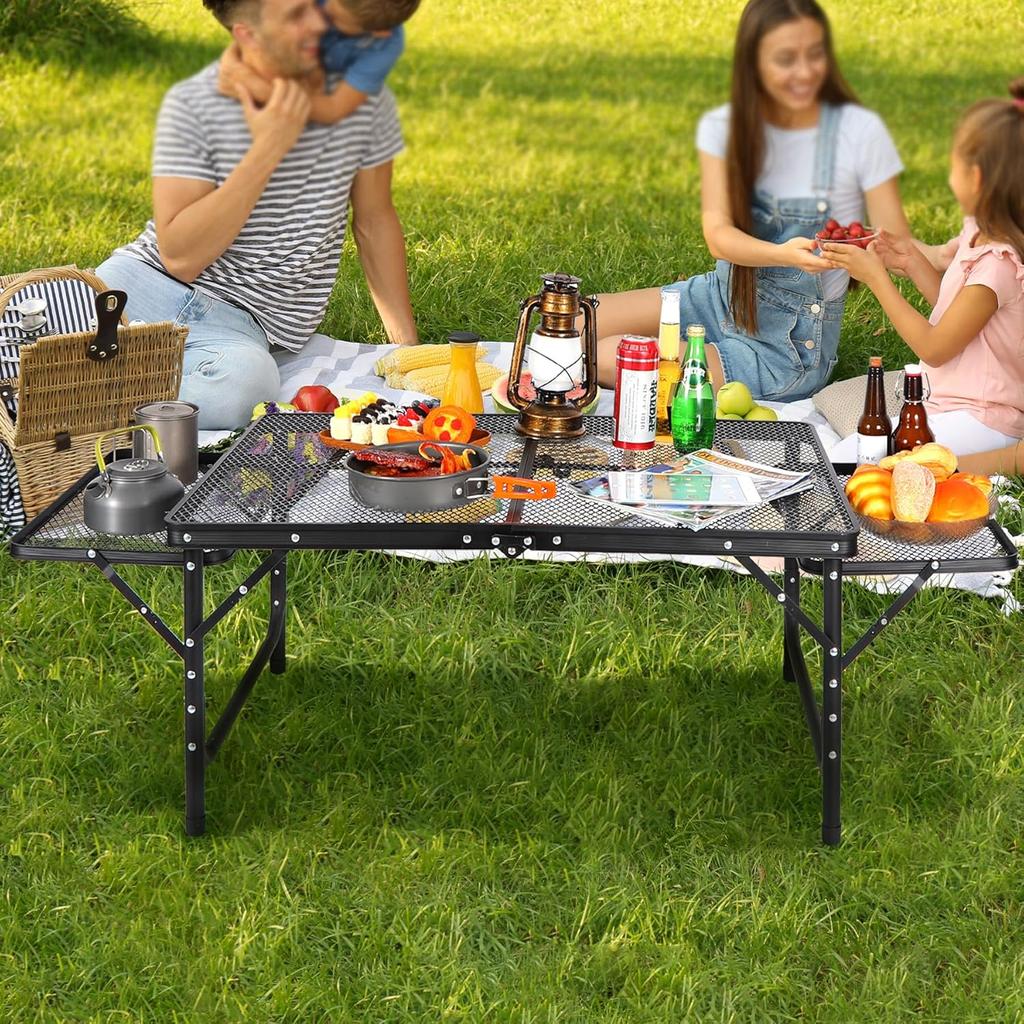 Sammenleggbart utendørs grillbord med 2 sidebord, lett og bærbart utendørs grillbord i aluminium i metall med