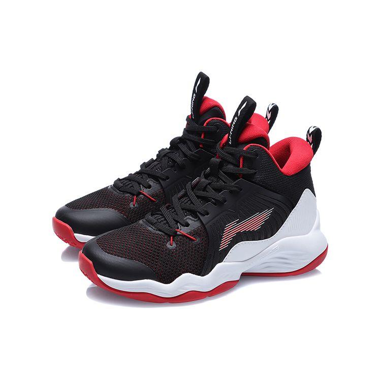 Li Ning Youth Non-Slip Shock Absorbing Wear-Resistant Breathable Mid-Top Basketball Shoes Kids Basketball Shoes Black Red YKBQ068-1