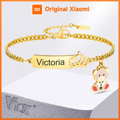 Vnox Free Enraving Name Bracelets for Baby Girls Newborns,Crown Cute Bear Charm Bracelets,Adjustable Stainless Steel Custom Gift