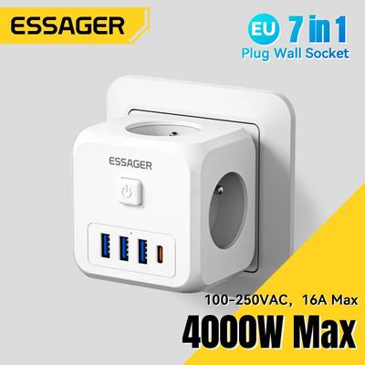 Essager EU Plug Power Strip with 3 AC Outlets 3 USB Charging Ports 1 Type C 5V 2.4A Adapter 7-in-1 Wall Charger