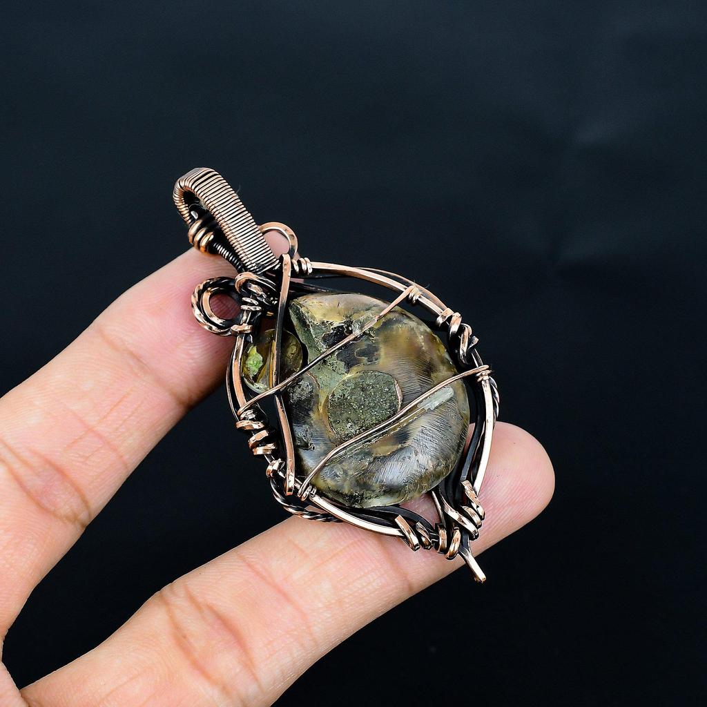 Ammonite Fossil 999 Copper Wire Wrapped Pendant, Handmade Gemstone Jewelry Pendant For Memorial Day