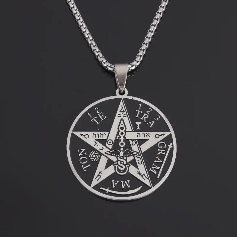 Stainless Steel Witchcraft Pentagram Necklace for Men Jewish Hebrew Four Letter Solomon Pendant Rune Amulet Jewelry