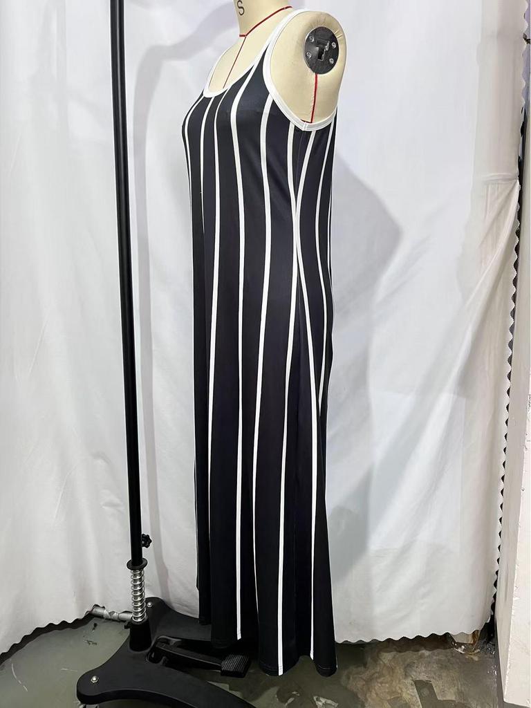 Ärmelloses gestreiftes Maxikleid für Damen - Bequem & Lässig, U-Ausschnitt, Hohe Taille