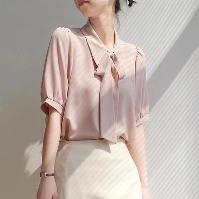 Women's Pink Ribbon Chiffon Short-Sleeve Shirt, Summer Korean Style: Gentle, Sweet, Fashionable, Drapey, Niche Hong Kong Style