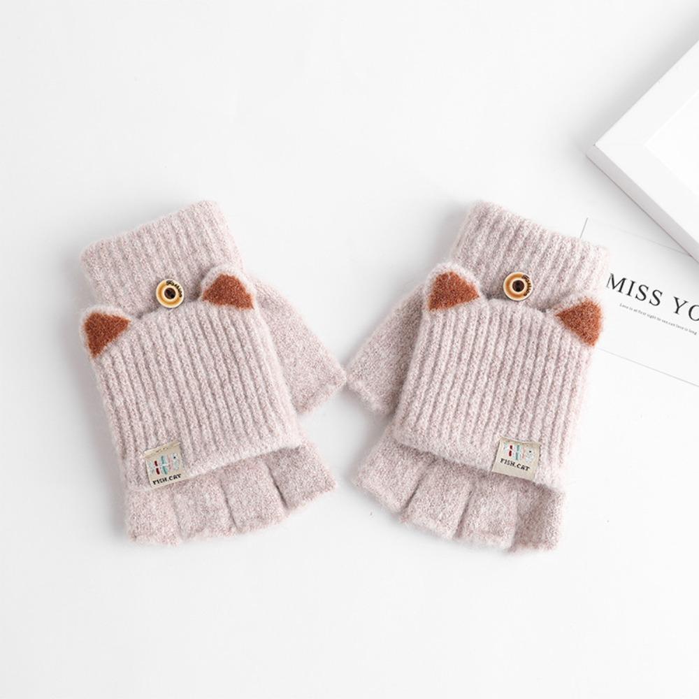 Color Outdoor Windproof Keep Warm Flip Cover Gloves Women's Gloves Thick Mittens Half Finger Gloves