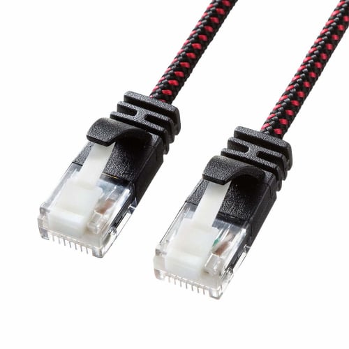 SANWA SUPPLY CAT6A Thin Diameter Mesh LAN Cable (3m) 10Gbps/500MHz RJ45 Anti-claw Black & Red KB-T6AME-03BKR