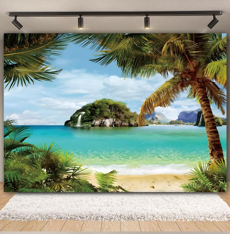 Tropischer Strand Hintergrund für Fotografie Sommer Hawaii Blaues Ozeanwasser Meeresufer Palme Kinder Feiertagsparty Foto Hintergrund Dekoration