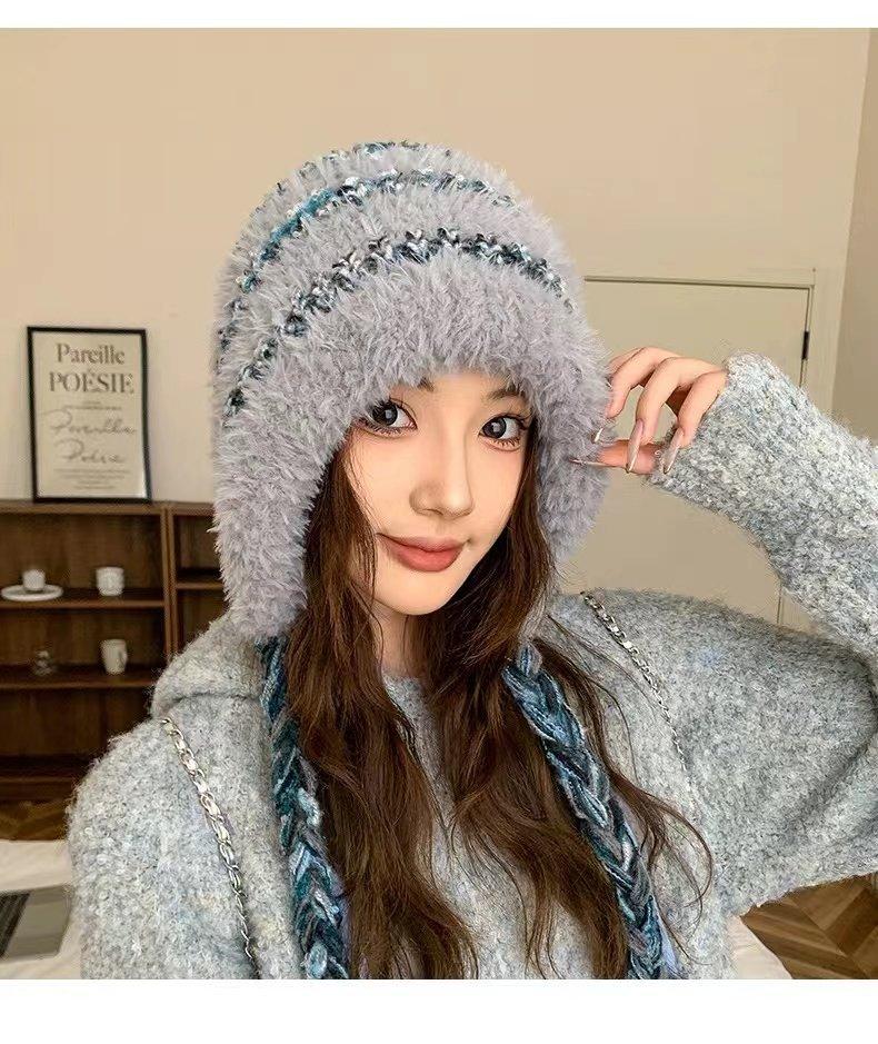 Knitted Wool Hat for Women, New Warm Stripes In Autumn and Winter, Color Matching, Ear Protection, Bag Head Hat To Show the Face, Little Lei Feng Hat