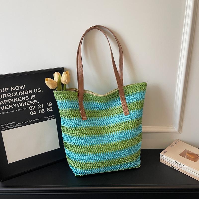 Rainbow Striped Color-blocked Handmade Straw Shoulder Bag Lightweight Breathable Beach Bag Casual Retro Style Large Capacity New