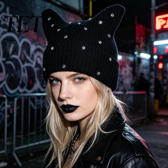 Warm Winter Gift for Her Cat Ear Hat Women Girls, Striped Slouchy Crochet Headgear Retro Style with Shiny Rhinestones, Cute Knitted Cap Fashionable