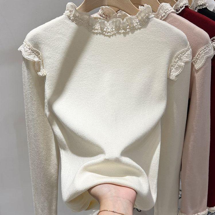 2025 Autumn Women's Apricot Lace Patchwork Knitted Sweater