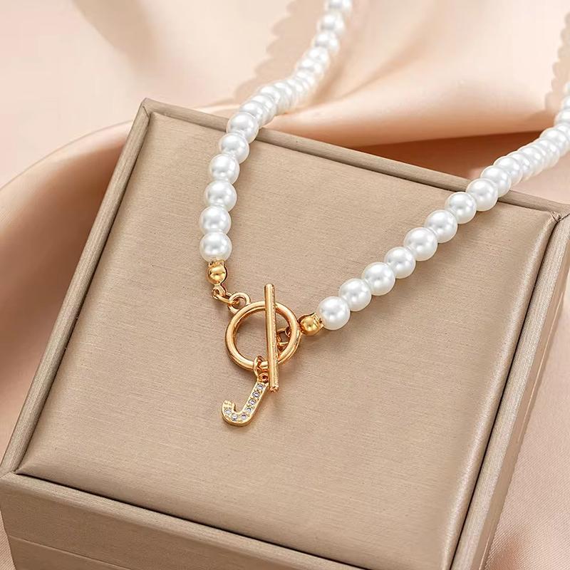 Rhinestone Letter Imitation Pearl Choker Necklace For Women Gold Plated Crystal Initial Pendant Necklace