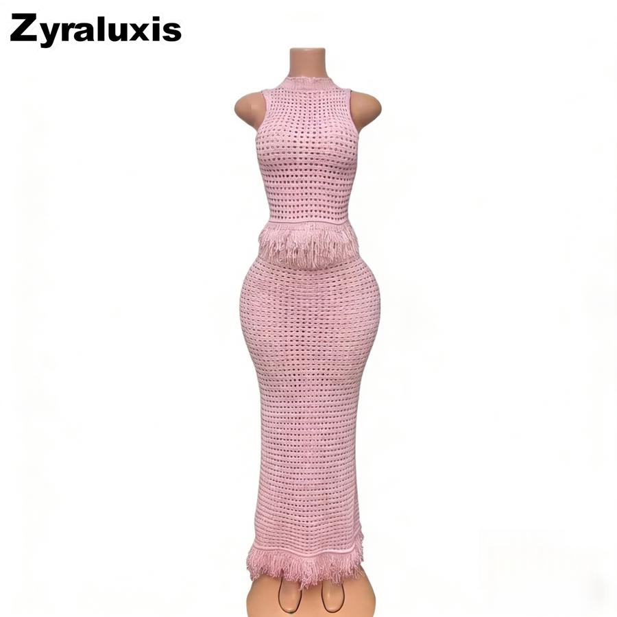 Neues gehäkeltes Fransen-Set Damen Ärmelloses High-Neck-Top + Bodycon-Langrock Zweiteiliges Outfit