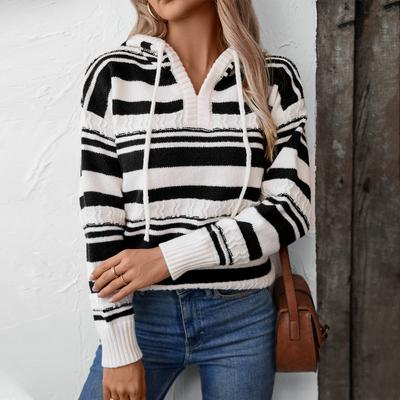 Autumn and Winter New Striped Women's Sweater European and American Pullover Hooded Drawstring Knitted Top for Women