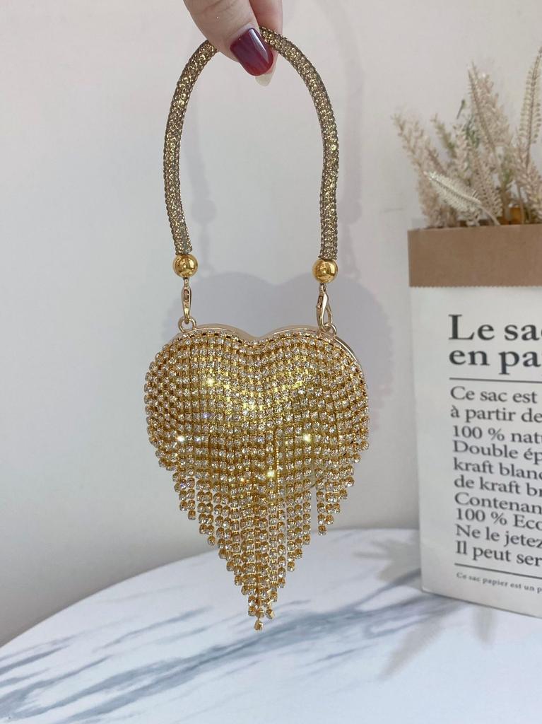 Small Heart-Shaped Rhinestones Evening Bag with Chain for Women Handbag Rhinestones Clutch Purse Crossbody Shoulder Bags