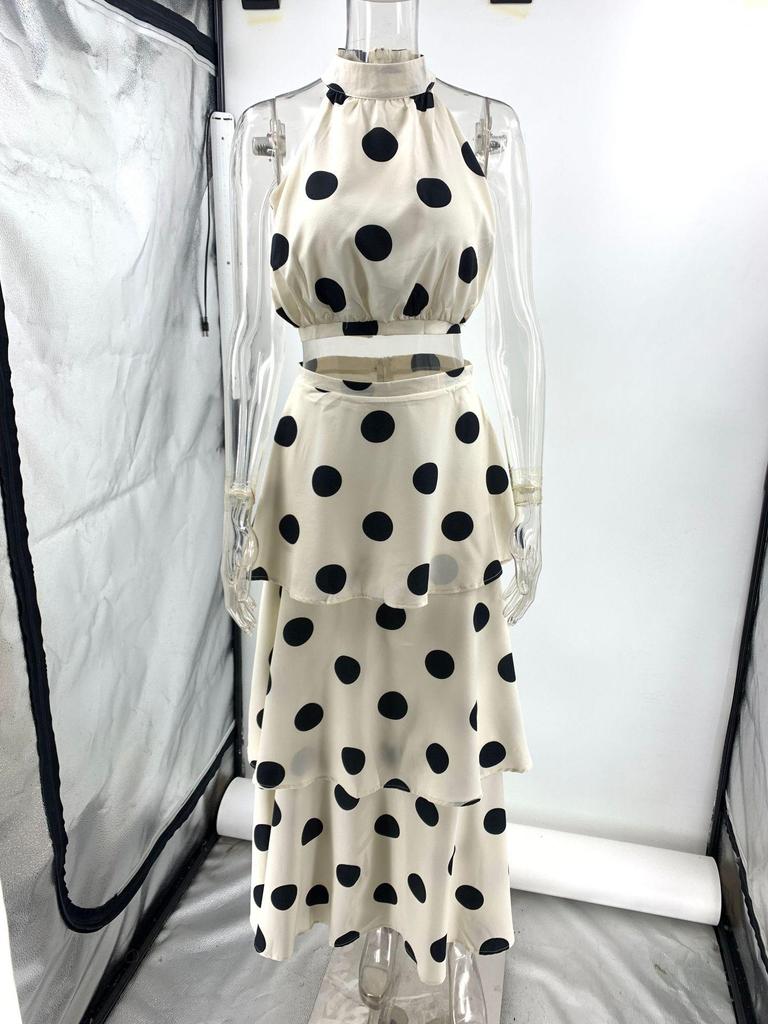 2025 Polka Dot Halter Sleeveless Top & Skirt Set