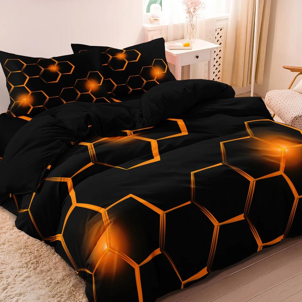 3 Pieces Geometric Bedding Set 3D Hexagonal Honeycomb Pattern Duvet Cover Set Digital Print Polyester Fabric Design Pattern