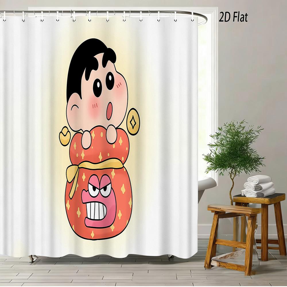 Crayon Shin-Chan Umbrella Walking Cartoon 2D Print Waterproof Shower Curtain, Minimalist White Bathroom Decor With Hooks