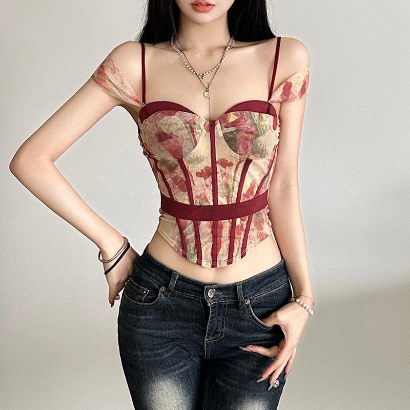 European and American style spring and summer new women's clothing solid color slim street fashion suspender printed halter vest women