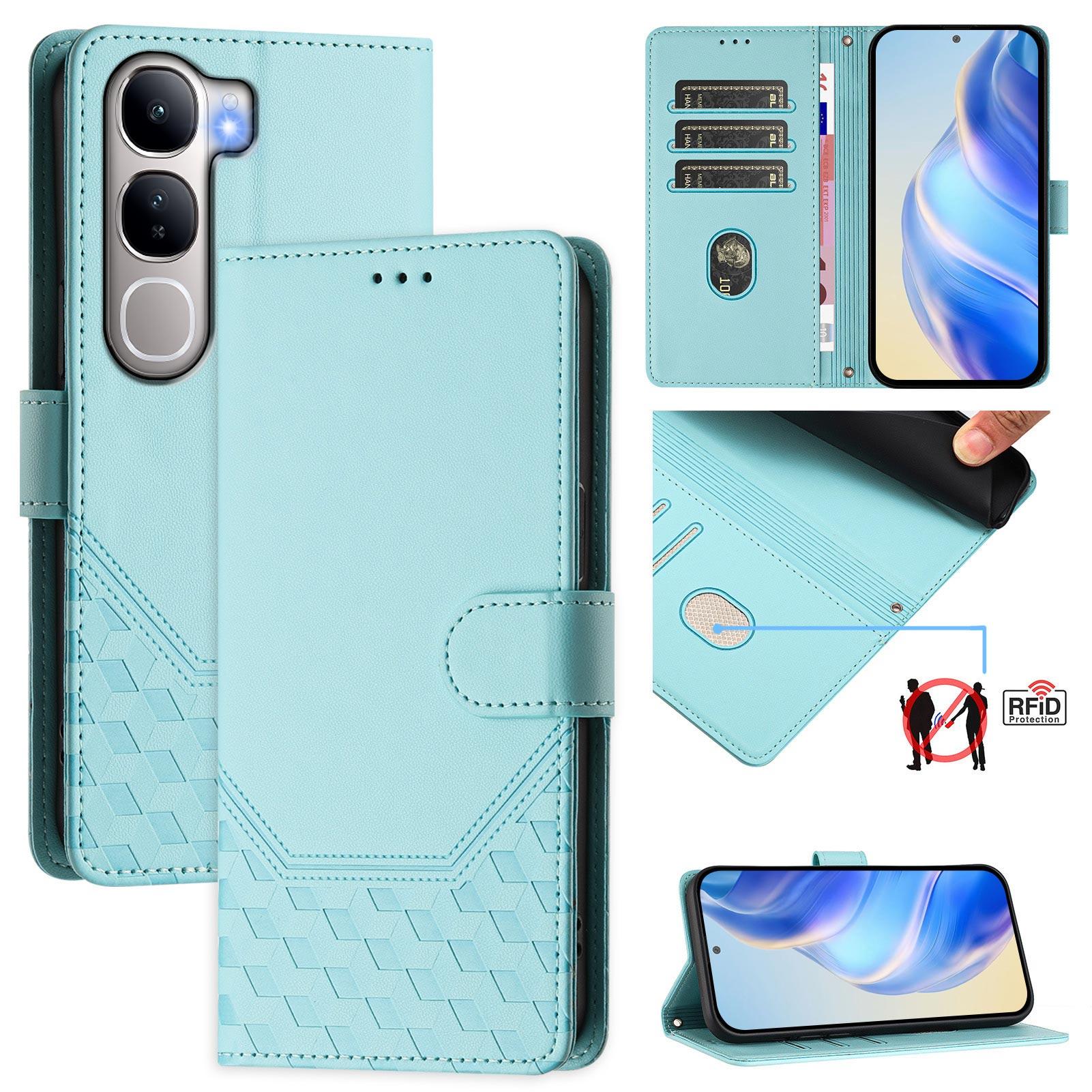 

For vivo V40 Lite 5G/vivo Y300 5G Case Imprinted Honeycomb RFID Blocking Leather Phone Cover with Strap Dark Purple