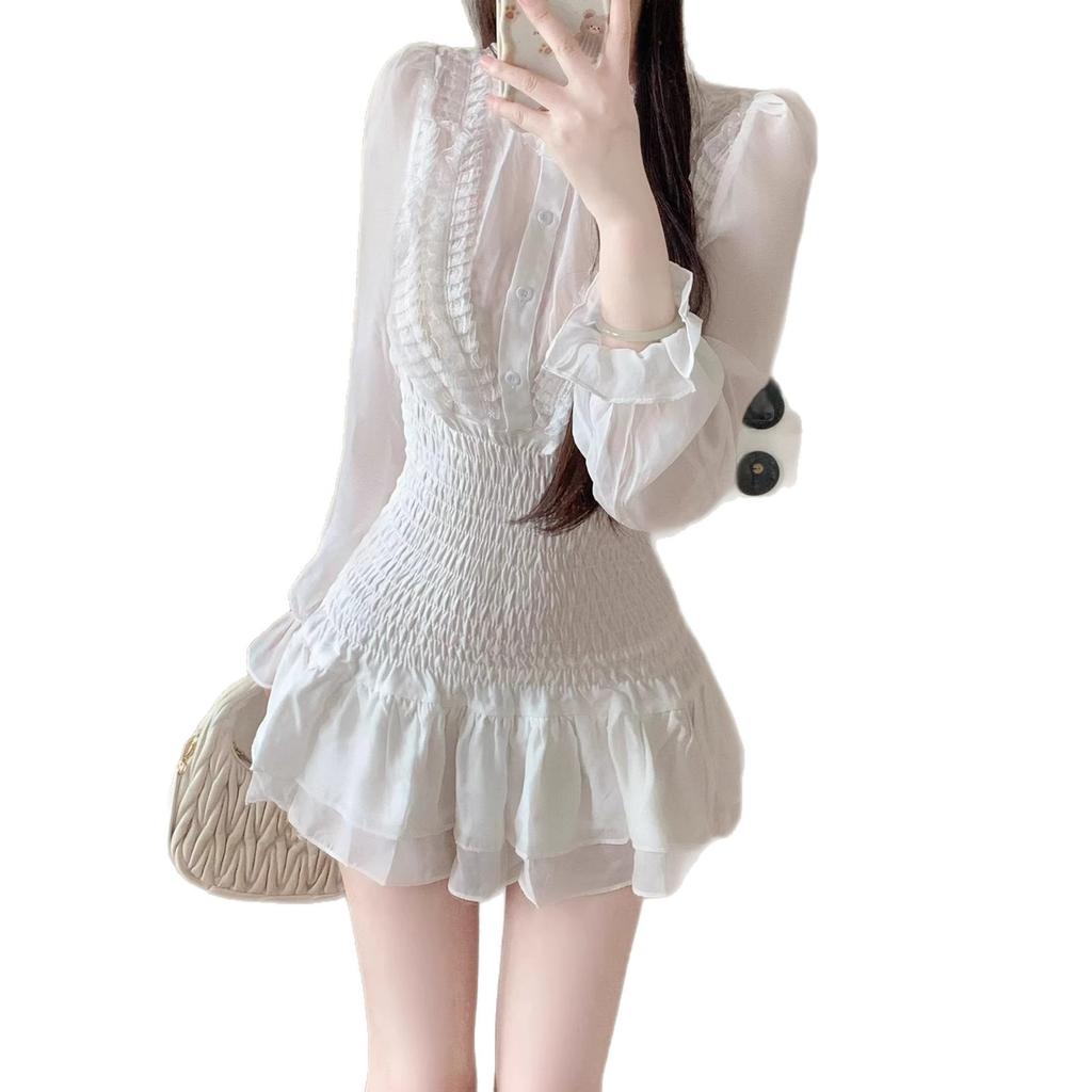 French White Long-sleeved Dress Children's Autumn Temperament Fairy Skirt Waist Thin Short Skirt