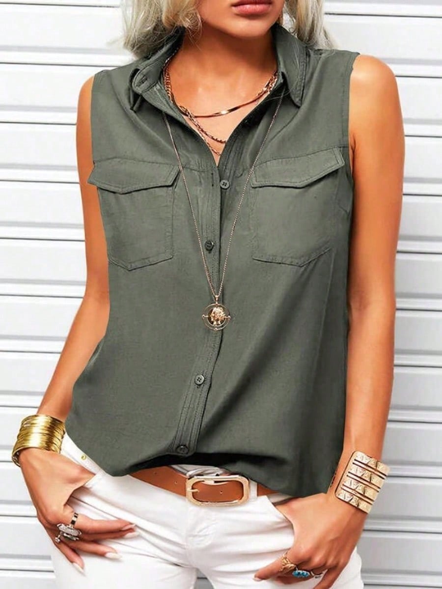Dames mouwloos tanktop blouse met revers effen knopen aan de voorkant zomer shirt voor kantoor en casual S legergroene kleur