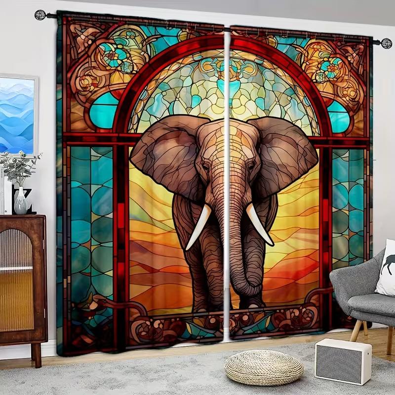 Set Of 2 Elephant Print Curtains Suitable Bedroom Living Room Kitchen Decoration Home Window Curtain Polyester Ideal For Great