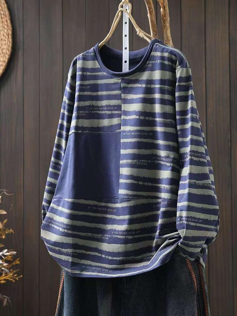 Johnature Kontrastní pruh Dlouhý rukáv Volné ležérní Dámské Zimní O-výstřih Módní Čínský styl Vintage Tričko