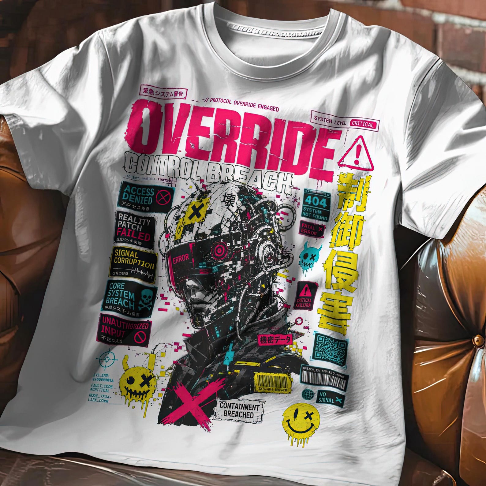 Techwear Graphic Tee with dystopian cyber android art for industrial rave music outfits L