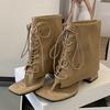 Street Style Fashion Vintage Square Clip Toe Women Ankle Boots Sandals Design Low Heels Cross Lace Up Shoes