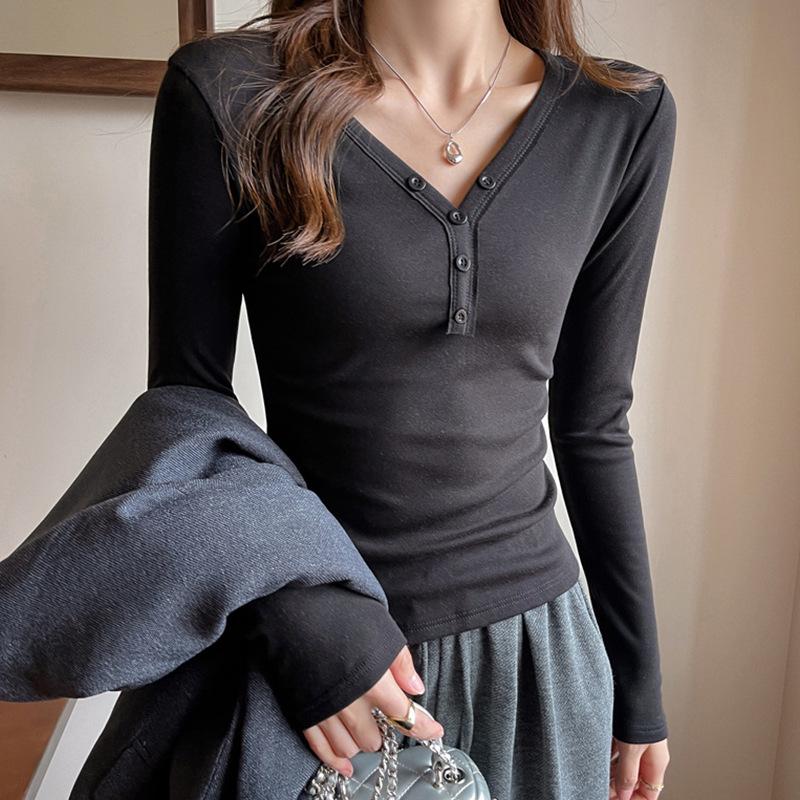

Women s Lyocell V-neck Slim-fit Long Sleeve Top - Korean Style Autumn/Winter 2025 Large чорний